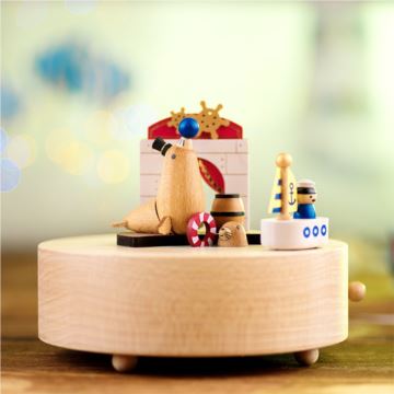 刻字Jeancard木质旋转海豹欢乐舞台八音盒音乐盒创意生日圣诞节礼物